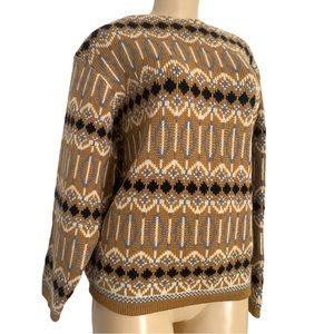 VTG Wool Icelandic Jacquard Knit Chunky LS Sweater Taupe Brown Unisex Thick
